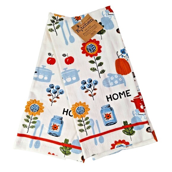 Kay Dee Autumn In Bloom Kitchen Towels Flowers Jars Pots Fruit Utensils 2pc Gift - Picture 1 of 5